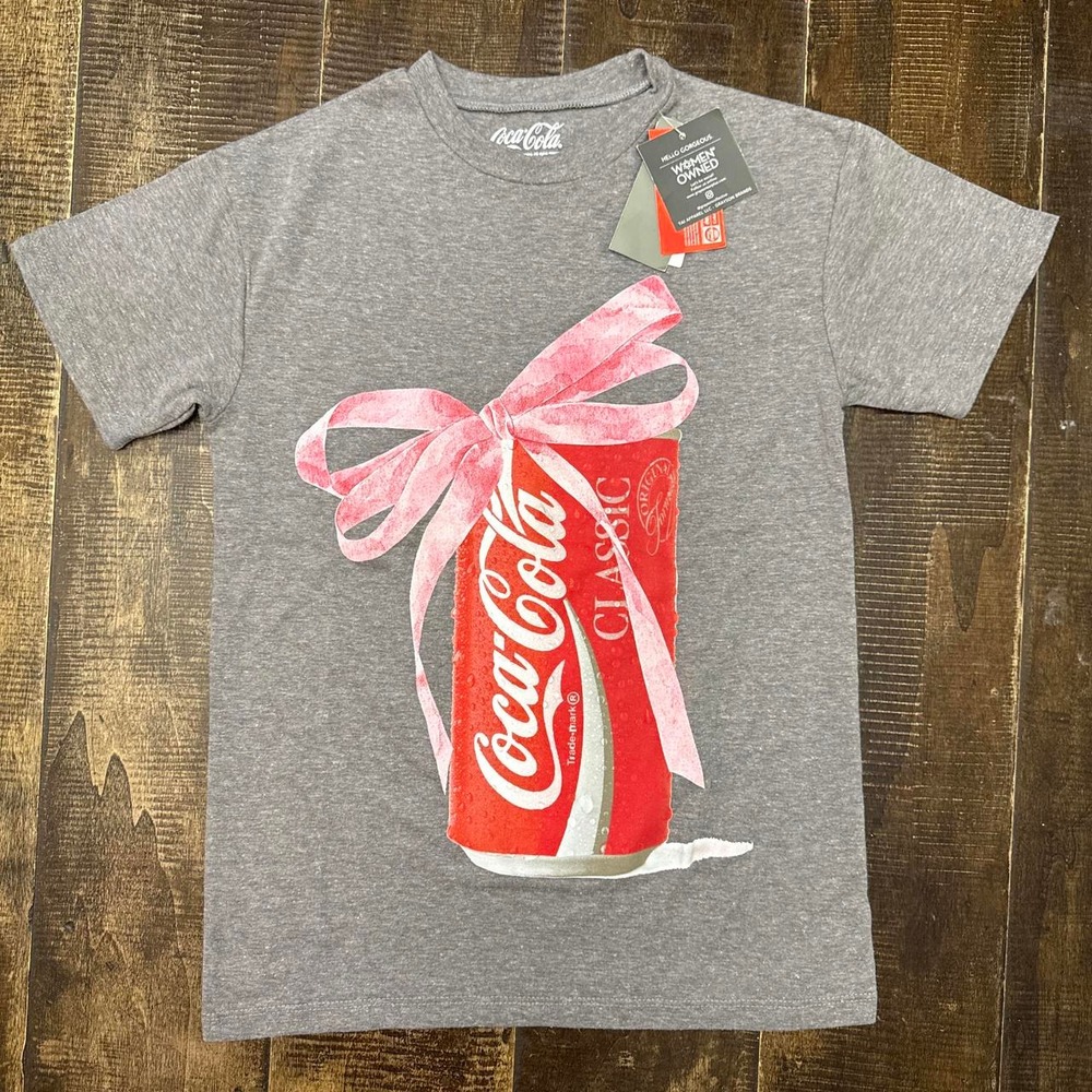 Coca-Cola Grey Cotton Graphic Tee T-Shirt with Pink Bow Design